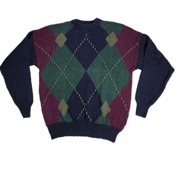 VINTAGE 90s argyle‎ sweater crew neck oversized dark academia L - Picture 1 of 6